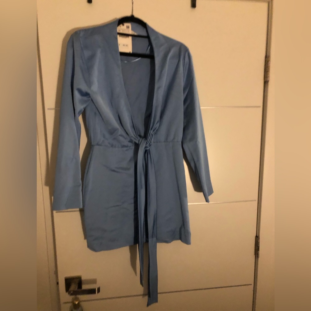 Zara Blue Satin Plunge Dress with Front Knot Tie